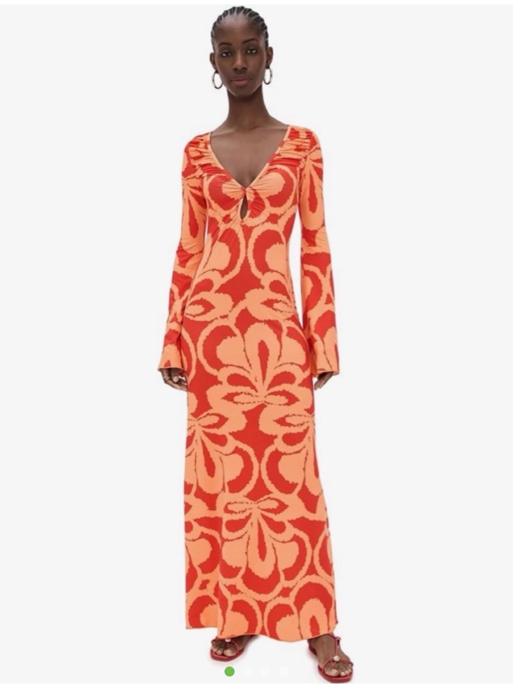 Fitted Orange Floral-Print Maxi Dress with V-Neck